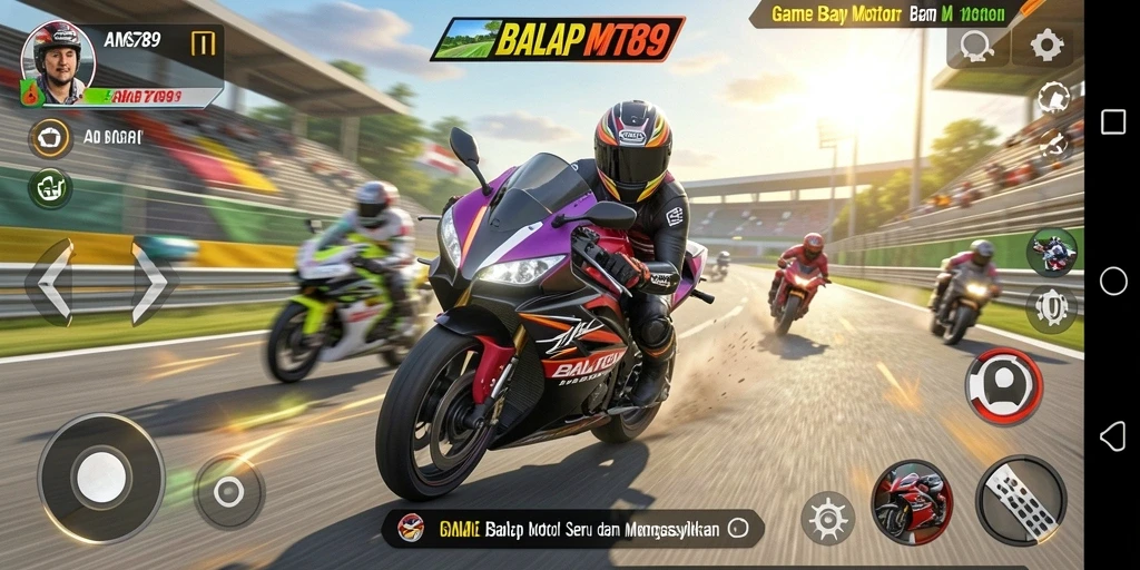 Tampilan antarmuka permainan balap motor yang menarik dan mudah digunakan.
